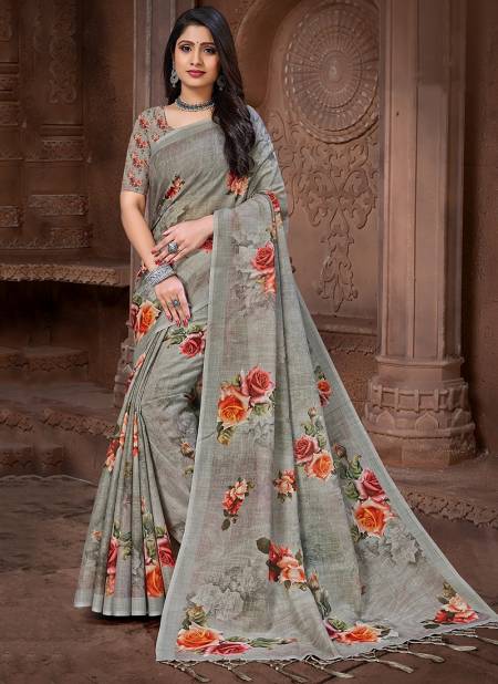 Gray Colour MAHI VE Fancy Designer Ethnic Wear Linen Digital Print Saree Collection M 04